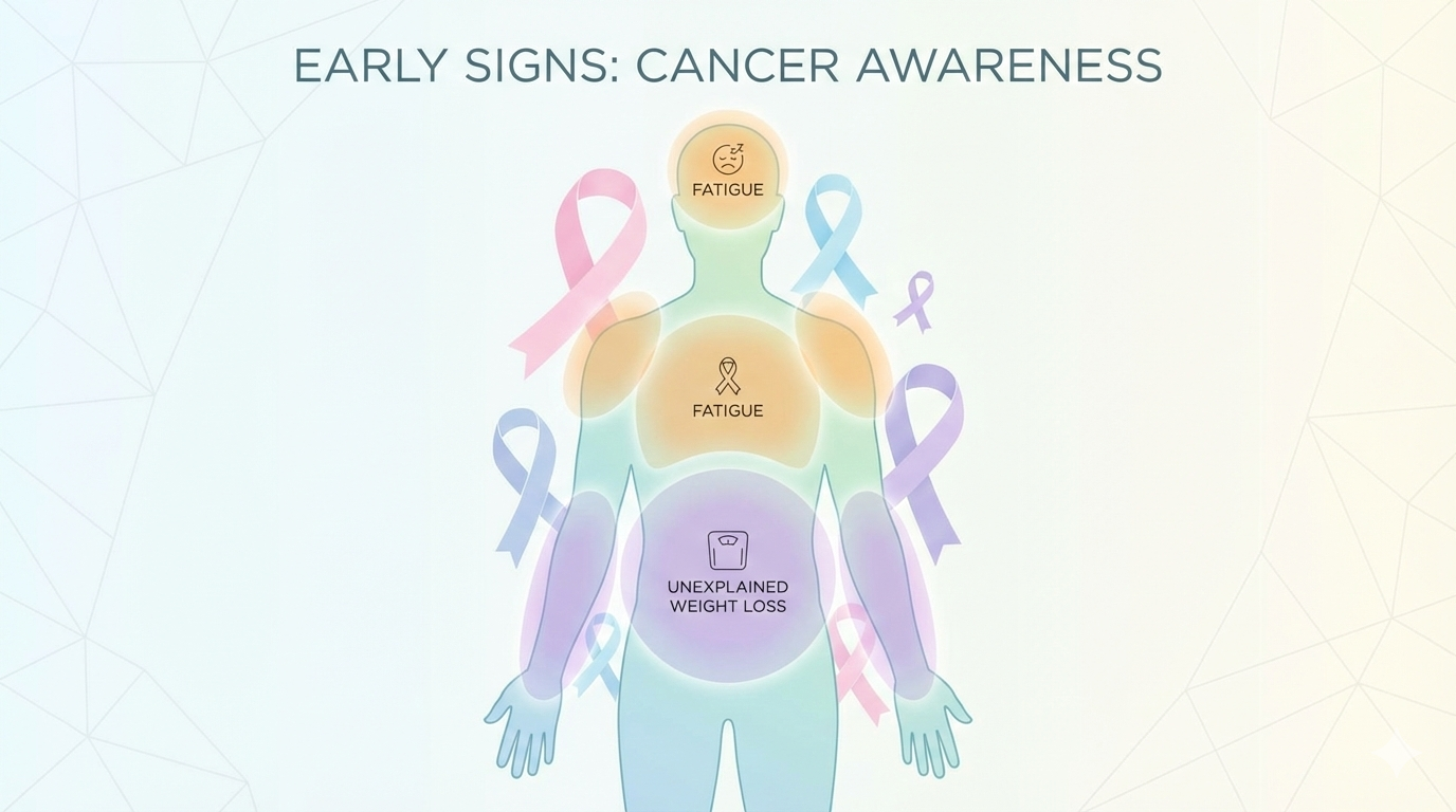 Infographic of unexplained weight loss and fatigue as early cancer warning signs 2026